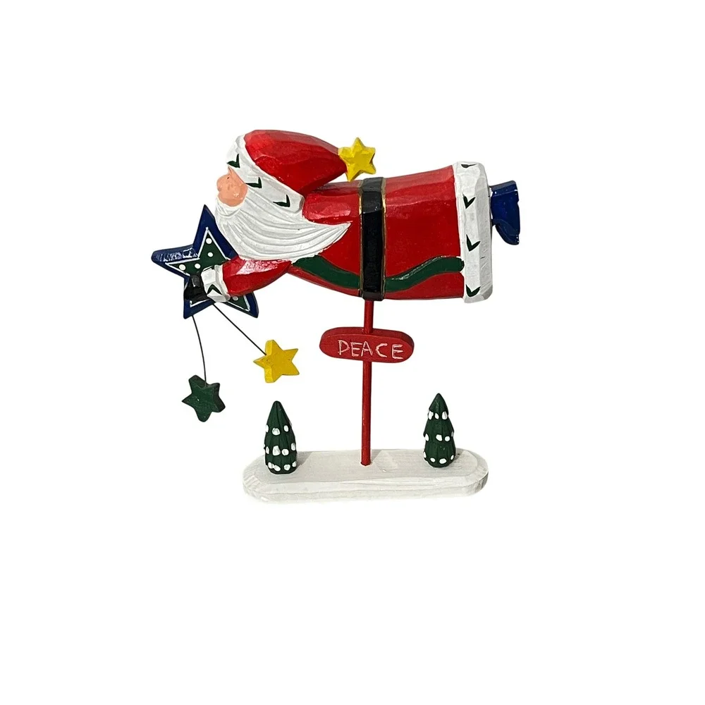 Vintage Artisan Wooden Santa Figurine  Red Flying Peace Star Folk Art 1997